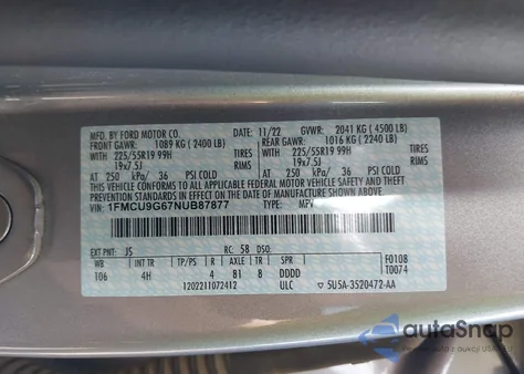 2022 Ford Escape Se z USA, uszkodzony, nr VIN 1FMCU9G67NUB87877